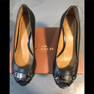 Coach Black Leather Peep Toe Wedge